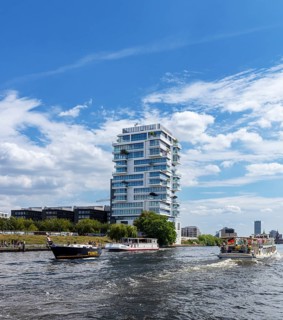 The Living Levels high-rise on Muehlenstrasse and the banks of the Spree in Friedrichshain