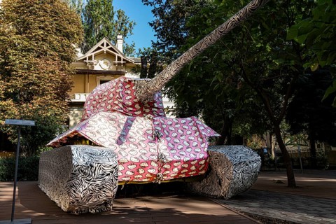 Tank wrapped in fabric with Hello Kitty print