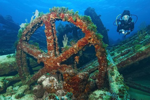 Diver looking at large upright gear in destroyed shipwreck