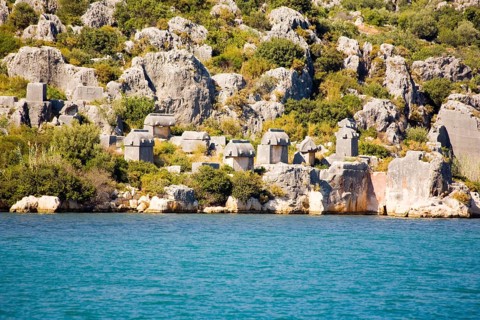 Necropolis by the sea with sarcophagi