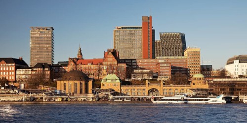 View over the Norderelbe to the Landungsbruecken and the St. Pauli district