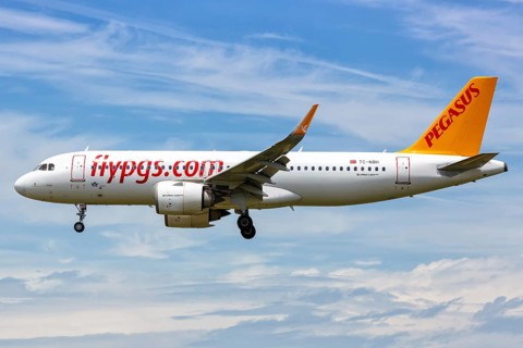 An Airbus A320neo aircraft of Pegasus with registration TC-NBH lands at the airport in Barcelona