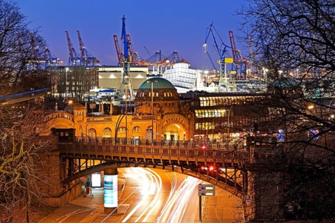 Landungsbruecken with harbour in the evening