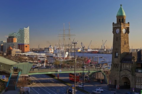 Elbe Philharmonic Hall with clock tower and gauge tower
