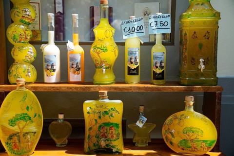 Bottles of Limoncello outside a shop in Ravello