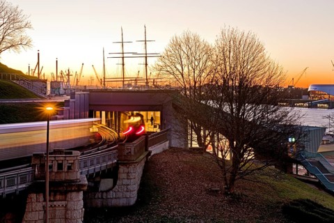 Landungsbruecken underground stop at sunrise