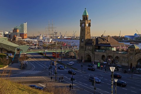 Elbe Philharmonic Hall with clock tower and gauge tower