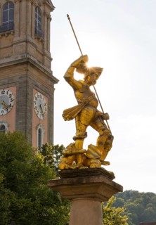 Fountain figure of Saint George as dragon slayer