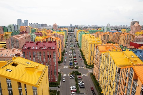 View over the colourful houses in Comfort Town in Kiev