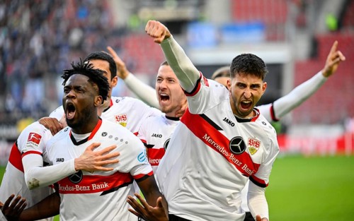 Goal celebration Orel Mangala VfB Stuttgart with Atakan Karazor VfB Stuttgart Chris Fuehrich VfB Stuttgart