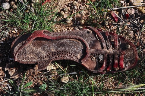 Ailing women's sandal in the grass