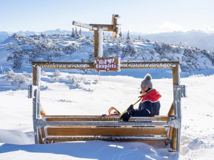 Tourist enjoying the view of snow-covered peaks from the mountain station at Lawinenstein