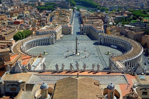 View from the dome of the Basilica of San Pietro or St Peter's Basilica onto St Peter's Square and Via della Conciliazione