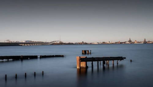 Long exposure of an old rusty jetty at the Strelasund crossing