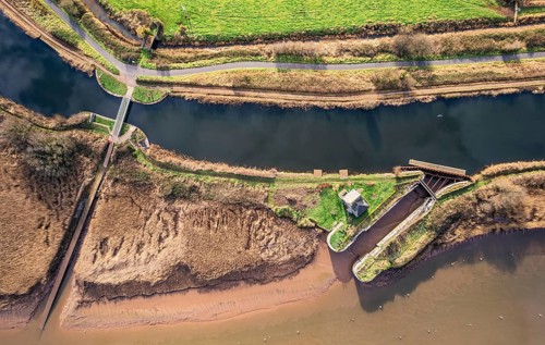 Top Down view over Water Lock and Topsham Ferry on the River Exe in Topsham