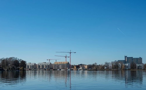 Construction sites in the new development area on the Havel near Eiswerder Island