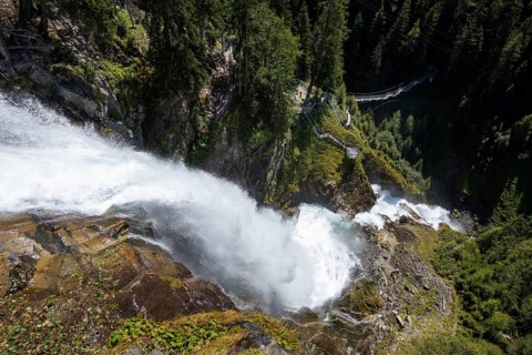 Hiking trail over a suspension bridge along the Stuibenfall near Umhausen