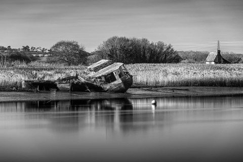 Old Boat Wrecks in Black and White on the River Exe in Topsham