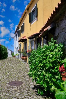 Narrow cobble street with flowers and old stone houses