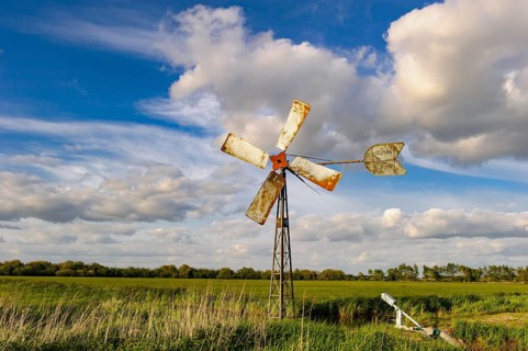 Windmill on the edge of a wet meadow in the Ochsenmoor on Lake Duemmer