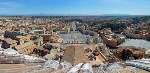 View from the dome of the Basilica of San Pietro or St Peter's Basilica onto St Peter's Square and Via della Conciliazione
