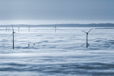 Wind turbines rising from cloud cover