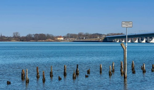 The Baltic Sea at the Ruegen Dam with the Ruegen Bridge