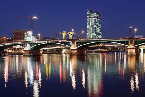 View across the Main to the Ignatz Bubis Bridge and the European Central Bank