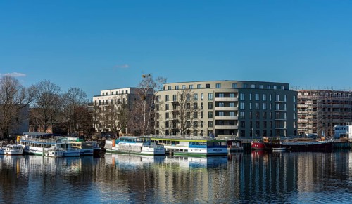 Construction sites in the new development area on the Havel near Eiswerder Island