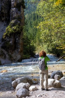 Hiker in the Wimbachklamm gorge in Berchtesgadener Land