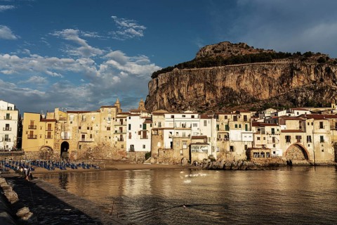 View of the town of Cefalu with Rocca di Cefalu