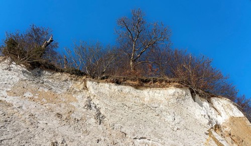 Slopes and chalk cliffs on the pebble beach of Pirate's Gorge on the island of Ruegen