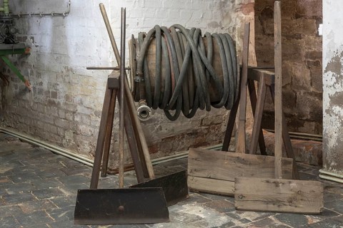 Coiled water hose in a former valve factory