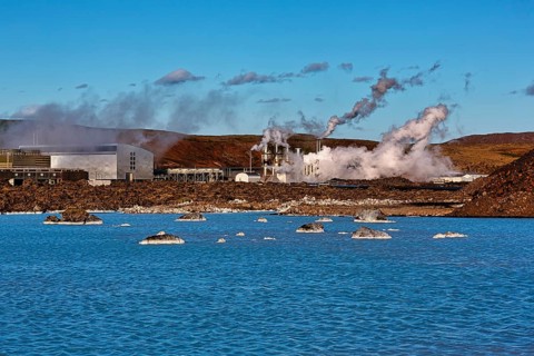 Svartsengi geothermal power plant with steam columns
