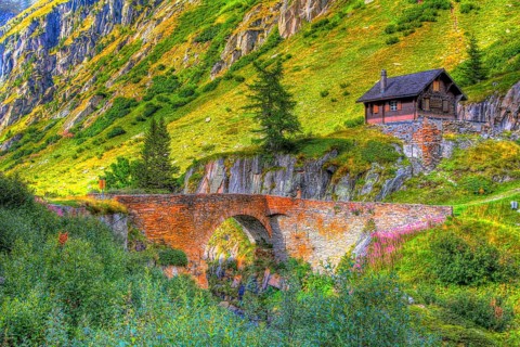 Picturesque old stone bridge in the mountain landscape. Ladstaffel