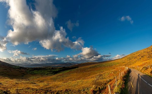 Small road in autumn landscape with cloudy sky