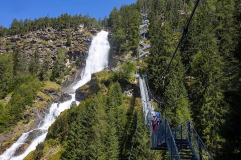 Hiking trail over a suspension bridge along the Stuibenfall near Umhausen