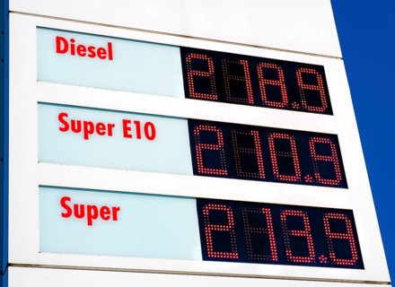 Fuel price display board at a Shell petrol station in Wolfsburg-Vorsfelde 08. 03. 2022. Prices are rising and are well over two euros per litre. Diesel is five cents more expensive here than super pet...