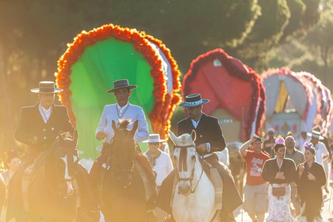 Pilgrims in traditional attire with horses and wagons on their way to El Rocio for the yearly Romeria of El Rocio