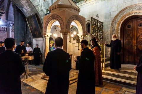 Members of the Armenian Orthodox Church during their Sunday ceremony at the Crusaders Church within the ancient walls of Jerusalem