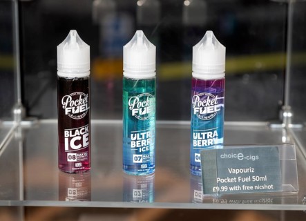 Vapouriz Pocket Fuel 50ml e-cig nicotine canister brands in shop window display