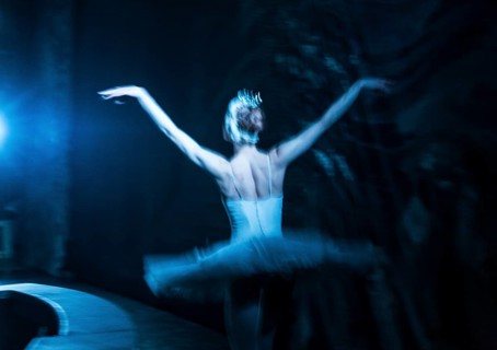 The principal Ballet dancer flying on stage during the performance of Tchaikovskys Swan Lake in St. Petersburg