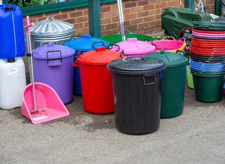 Dustbins on display at TH White country store shop