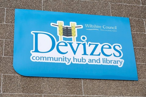 Wiltshire County Council community hub and library sign