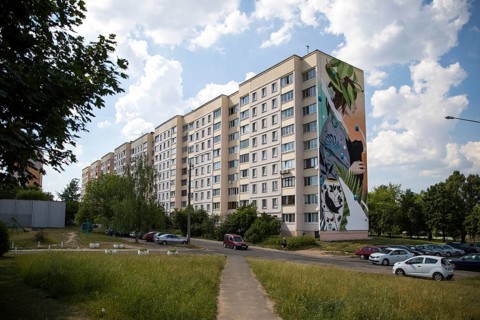 Mural on a residential building in the working-class district of Traktorny Zavod