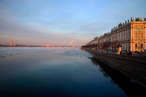 The Hermitage Museum overlooking the partly frozen Neva river with Vassilevski island visible in the background