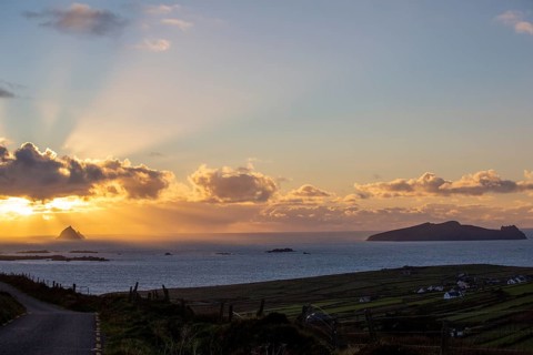 View of two of the Blasket Islands at sunset on a lovely evening