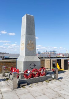 Merchant Navy memorial with wreaths