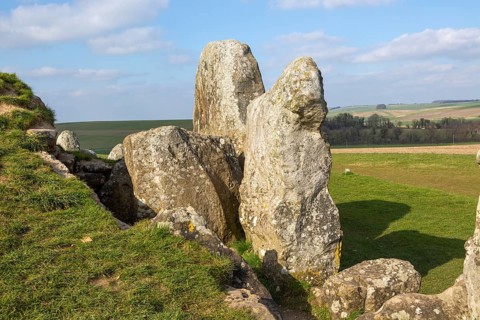 Large standing stones at the entrance to Neolithic long barrow at West Kennet