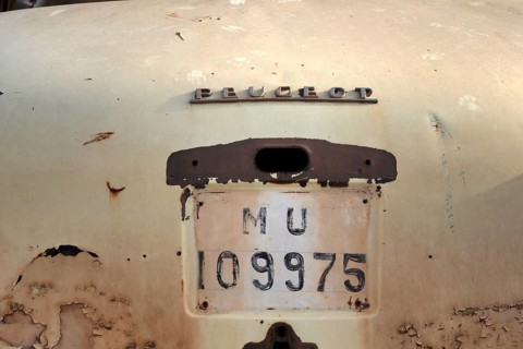 Rear of beige scrapped Peugeot with painted number plate